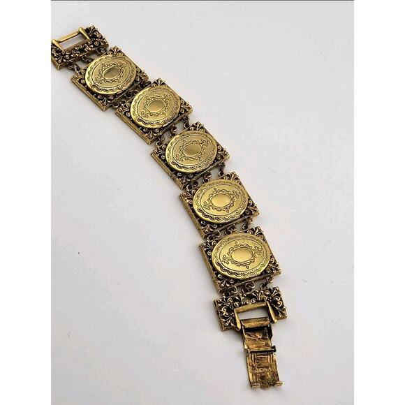 Vintage ART Signed Gold Tone Photo Locket Panel Bracelet Victorian Revival - Picture 5 of 10